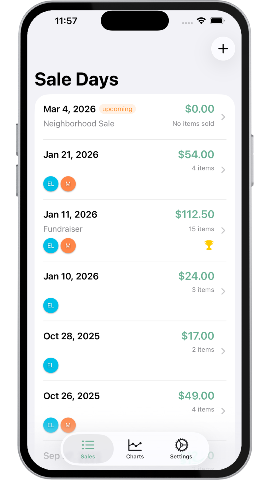 Sale Days view showing a list of sale events with totals